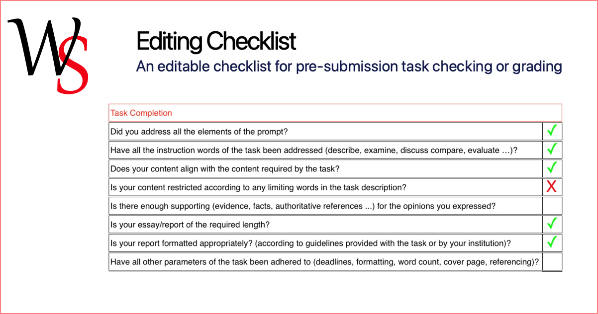 Customisable Editing Checklist Writing Support